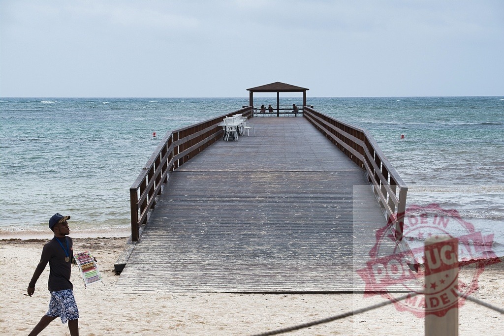 Vendor walking on beach near pier, ocean landscape | Vendor walking on sandy beach next to a wooden pier extending into the blue ocean - Realized with Pictrs.com