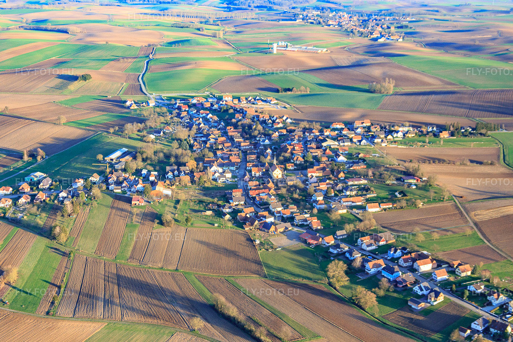 Vue aérienne: Vue de la ville depuis l'ouest à Oberlauterbach dans le département Bas Rhin, France – .Photo: IMG_086022.jpg prise le 06/02/2016 par Werner Riehm/FLY-FOTO.eu – Résolution de l'original: 5164 x 3443 px