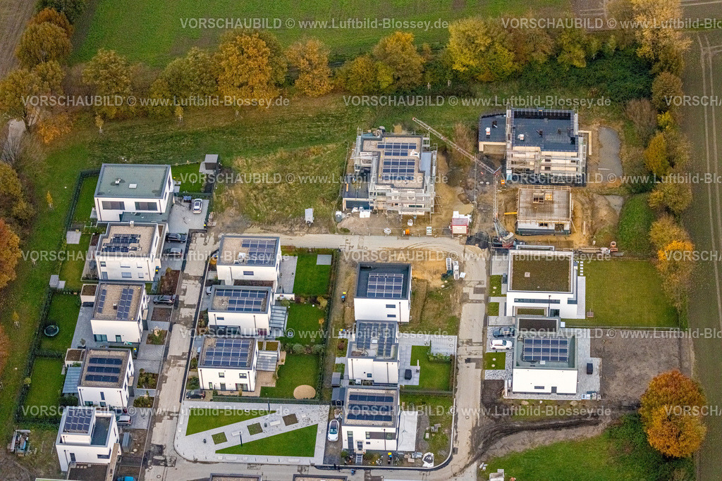 Gelsenkirchen231103320 | Luftbild, Wohnsiedlung Einfamilienhäuser Wohnen am Buerschen Waldbogen, umgeben von herbstlichen Laubbäumen, Resse, Gelsenkirchen, Ruhrgebiet, Nordrhein-Westfalen, Deutschland