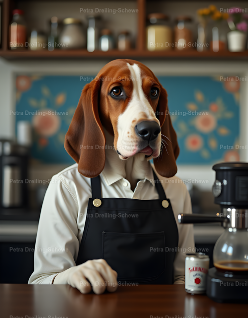 Basset The Barista | What fits better to start the day? A strong coffee. This basset is the perfekt breed for brewing this hot stuff. - Realisiert mit Pictrs.com