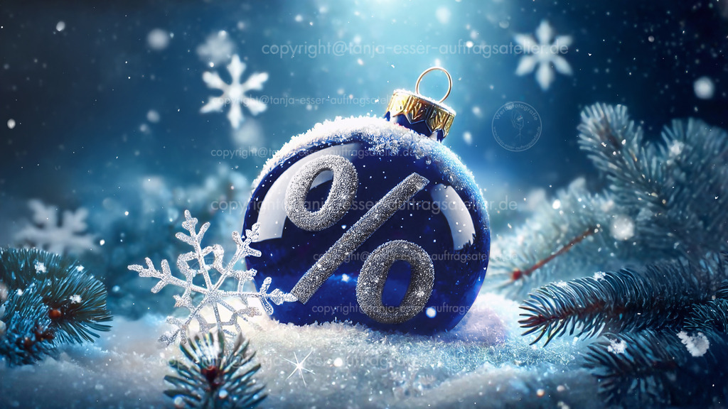 Makro Bild einer Glas Weihnachtskugel in blau mit einem Prozent Zeichen aus Glitter. Die Kugel liegt im Schnee. Konzept Bild für weihnachtliche Rabatte.  | Makro Bild einer Glas Weihnachtskugel in blau mit einem Prozent Zeichen aus Glitter. Die Kugel liegt im Schnee. Konzept Bild für weihnachtliche Rabatte. Generative KI.