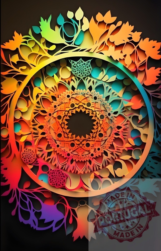 Layered paper mandala forming colorful intricate floral pattern | Papercraft mandala showing intricate floral and geometric shapes in a rainbow gradient - Realized with Pictrs.com