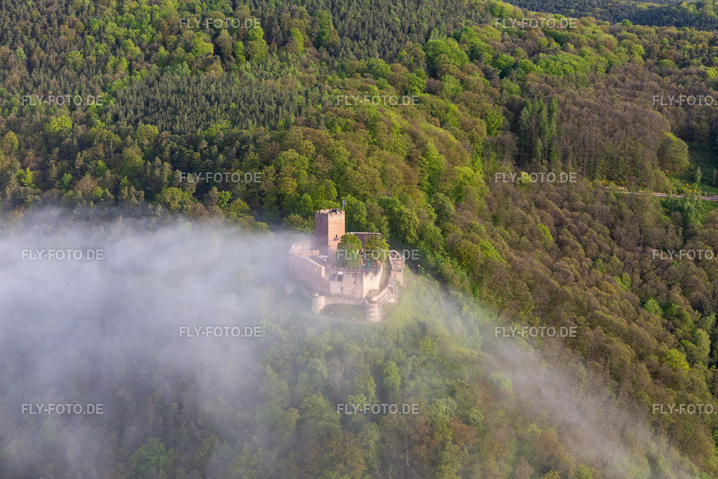 Burg Landeck im Morgennebel | Luftbild: Burg Landeck im Morgennebel in Klingenmünster im Bundesland Rheinland-Pfalz in Deutschland. Foto: IMG_113757.jpg vom 29.04.2019 durch Werner Riehm/FLY-FOTO.de - Realisiert mit Pictrs.com