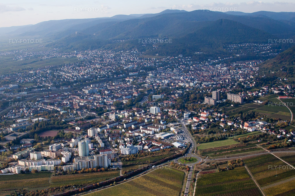 Luftbild: Ortsansicht von Norden in Neustadt an der Weinstraße im Bundesland Rheinland-Pfalz in Deutschland. Foto: IMG_22053.jpg vom 15.10.2009 durch Werner Riehm/FLY-FOTO.de