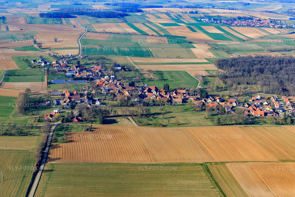 Aerial view: View of the town from the south in Geiswiller in the state Bas-Rhin, France. – Photo: IMG_097538.jpg taken on 03/16/2017 by Werner Riehm/FLY-FOTO.com – Resolution of the original: 5472 x 3648 px