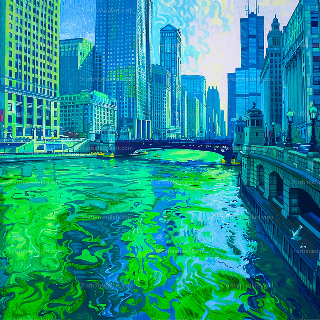 Green Chicago River | Bring urban energy into your home with this impressionistic view of Chicago's river dyed green. The vibrant colors and dynamic composition make it ideal for modern interiors and cityscape lovers, adding a bold, artistic touch to any room. - Realisiert mit Pictrs.com