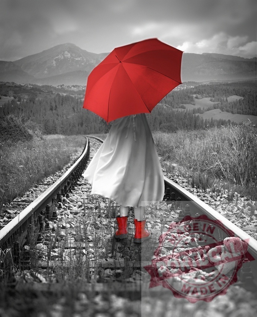 Child with red umbrella walking on railroad tracks | Child with a red umbrella and boots walking on railroad tracks, leaving a teddy bear behind - Realisiert mit Pictrs.com