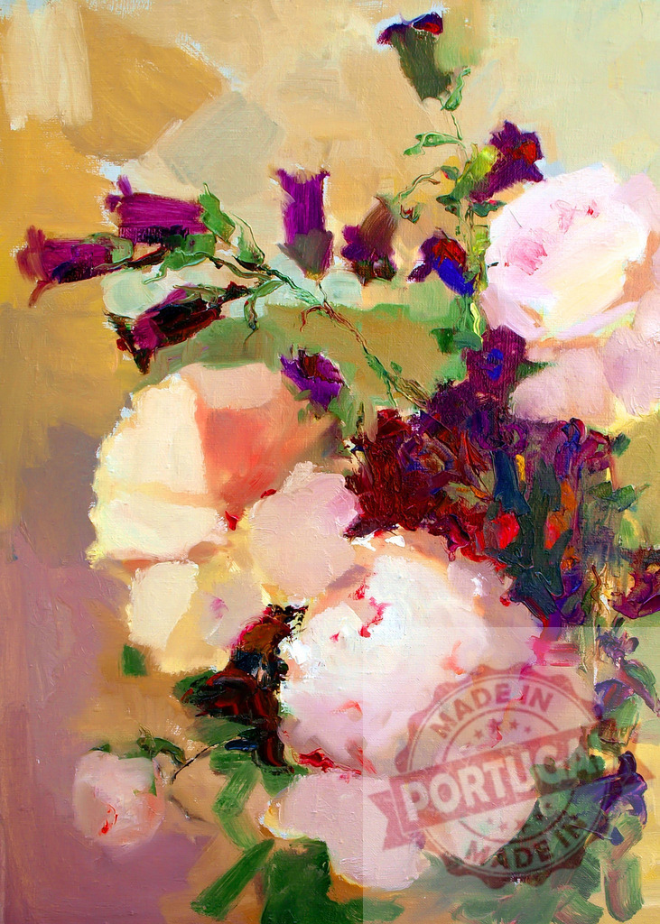 Colorful impasto painting depicting roses and campanulas growing in a garden | Expressive brushstrokes create a vibrant depiction of roses and campanulas, capturing the beauty of a blooming garden - Realized with Pictrs.com