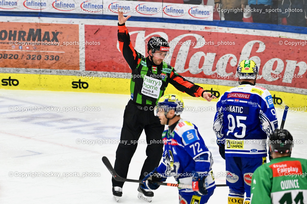 EC IDM WÄRMEPUMPEN VSV vs. Olimpija Ljubljana | NIKOLIC MANUEL Referee, #95 Mark Katic EC VSV, #72 John Hughes EC VSV, EC IDM WÄRMEPUMPEN VSV vs. Olimpija Ljubljana, EC IDM WÄRMEPUMPEN VSV vs. Olimpija Ljubljana am 01.02.2026 in Villach (Stadthalle Villach), Austria, (Photo by Bernd Stefan)