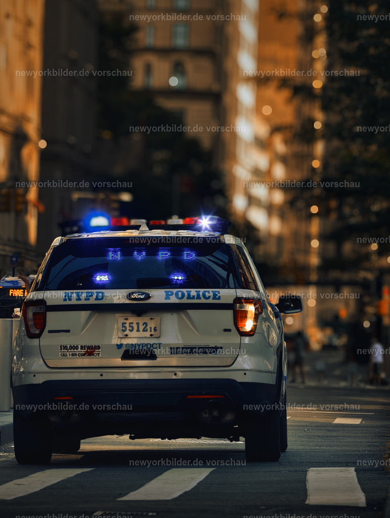 Sonnenglanz und Sicherheit – NYPD in Downtown Manhattan | Ein NYPD-Polizeiauto in Downtown Manhattan – ein Bild, das Sicherheit und die unverwechselbare Kultur von New York verkörpert. Im Hintergrund färben sich die Gebäude im warmen Licht der Sommersonne, ein Schauspiel, das die Stadt jeden Tag neu inszeniert. Dieses Motiv zeigt die Balance zwischen urbaner Schönheit und der Präsenz jener, die für Ordnung und Schutz sorgen. Die NYPD gehört, wie die FDNY, zu den Helden der Stadt – mit einer langen Geschichte, geprägt von Stolz und Ehre. Die Szene verbindet Architektur, Licht und die Symbolkraft eines Polizeifahrzeugs, das mitten im Herzen der Metropole steht.