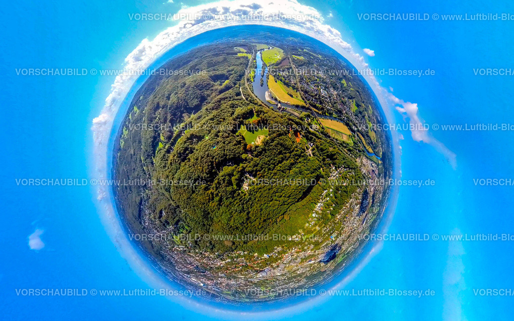 Witten241090015Hohenstein-Wald | Luftbild, Ardeywald mit Naherholungsgebiet Hohenstein am Fluss Ruhr, Ruhrviadukt, Erdkugel, Fisheye Aufnahme, Fischaugen Aufnahme, 360 Grad Aufnahme, tiny world, little planet, fisheye Bild, Witten, Ruhrgebiet, Nordrhein-Westfalen, Deutschland
