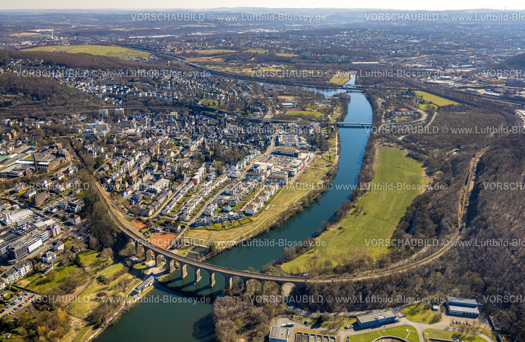 Herdecke250303347 | Luftbild, Ortsansicht mit Quartier Ruhr-Aue und Ruhr Viadukt mit Fluss Ruhr, Ruhrbrücke Hagener Straße, Herdecke, Ruhrgebiet, Nordrhein-Westfalen, Deutschland