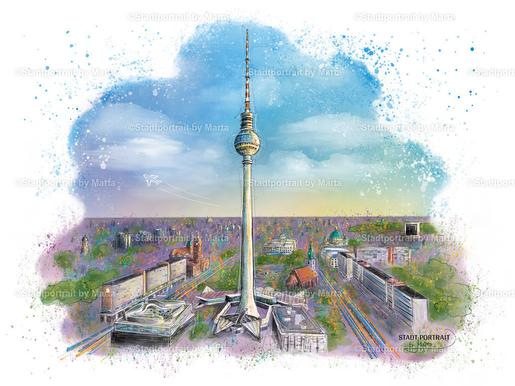 Berliner Fernsehturm – Stadtportrait by Marta | Der Berliner Fernsehturm am Alexanderplatz erhebt sich über die Skyline der Hauptstadt. Links und rechts rauscht der Verkehr vorbei, während ein Flugzeug am Abendhimmel einem weiter entfernten Ziel entgegensteuert... Ein farbenfrohes Gemälde dieses Berliner Wahrzeichens im charakteristischen Aquarell- und Urban-Sketching-Stil von Stadtportrait by Marta.  Hol dir das Wandbild als Leinwand, Poster oder Kunstdruck.
