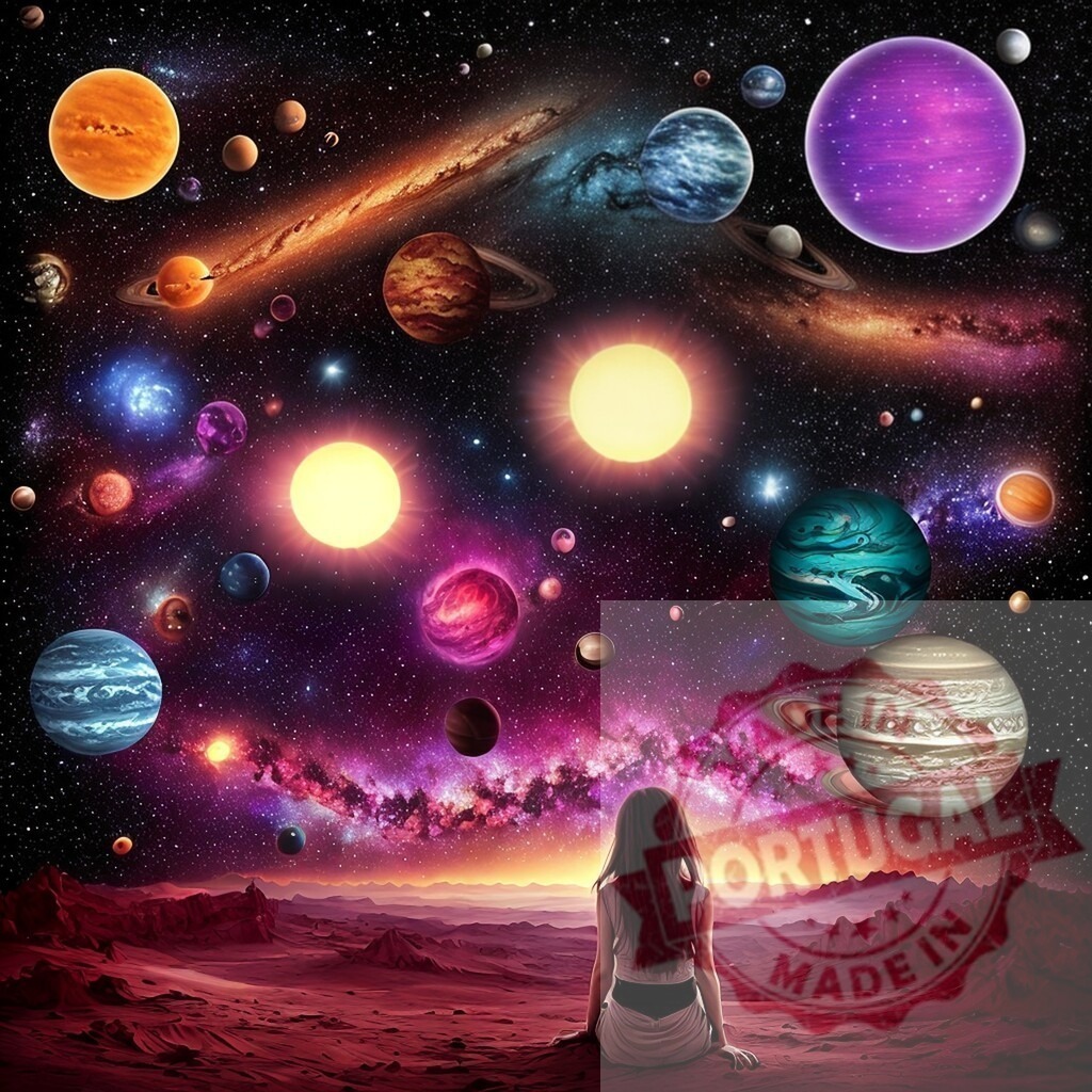 Woman sitting observing fantastic universe and cosmos | Woman sitting on alien planet looking at the stars, planets, and galaxies - Realized with Pictrs.com