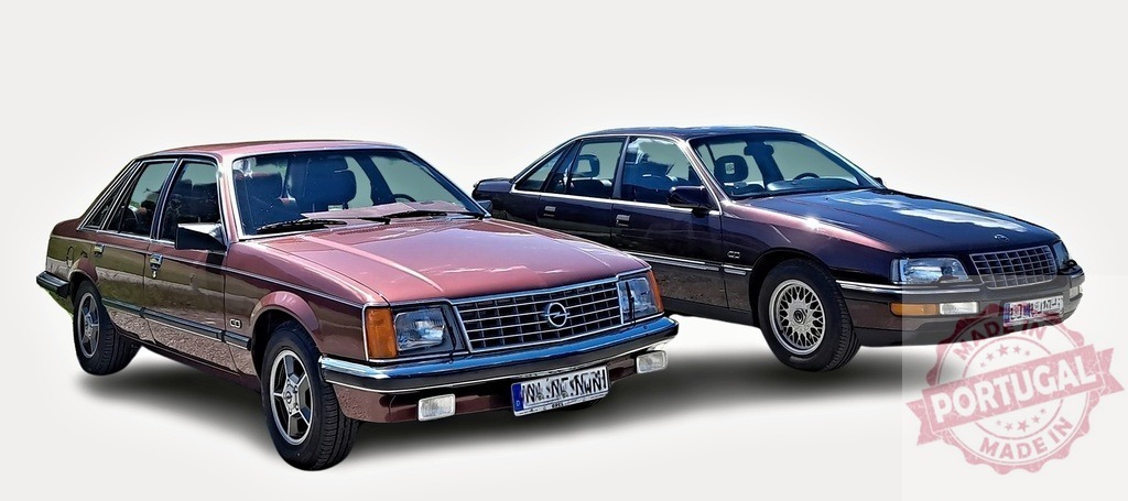 Two Opel Senator cars, first and second generation, parked and showing evolution of design | Two Opel Senator cars parked next to each other, showing evolution of Opel's design between first and second series - Realized with Pictrs.com