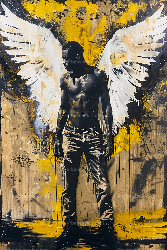 Black Man With Angle Wings  | A striking image of a Black man with angel wings in a gritty, textured background. Perfect for adding an inspirational and urban vibe to any room. - Realisiert mit Pictrs.com