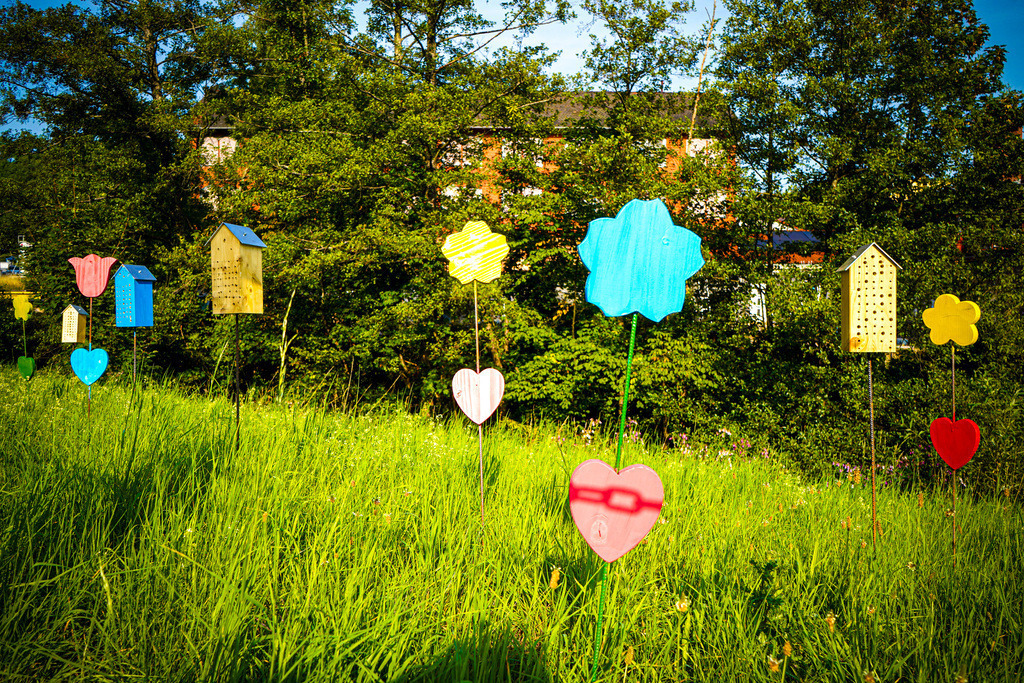 Holzblumen - Hirzenhain | Kleine Akzente können große Wirkung entfalten. Zurzeit muss man im öffentlichen Raum noch nach Kunstwerken und angelegten Grünanlagen suchen. Doch manchmal braucht es nur einen zentralen Farbfleck, um den Wandel anzustoßen. - Realisiert mit Pictrs.com