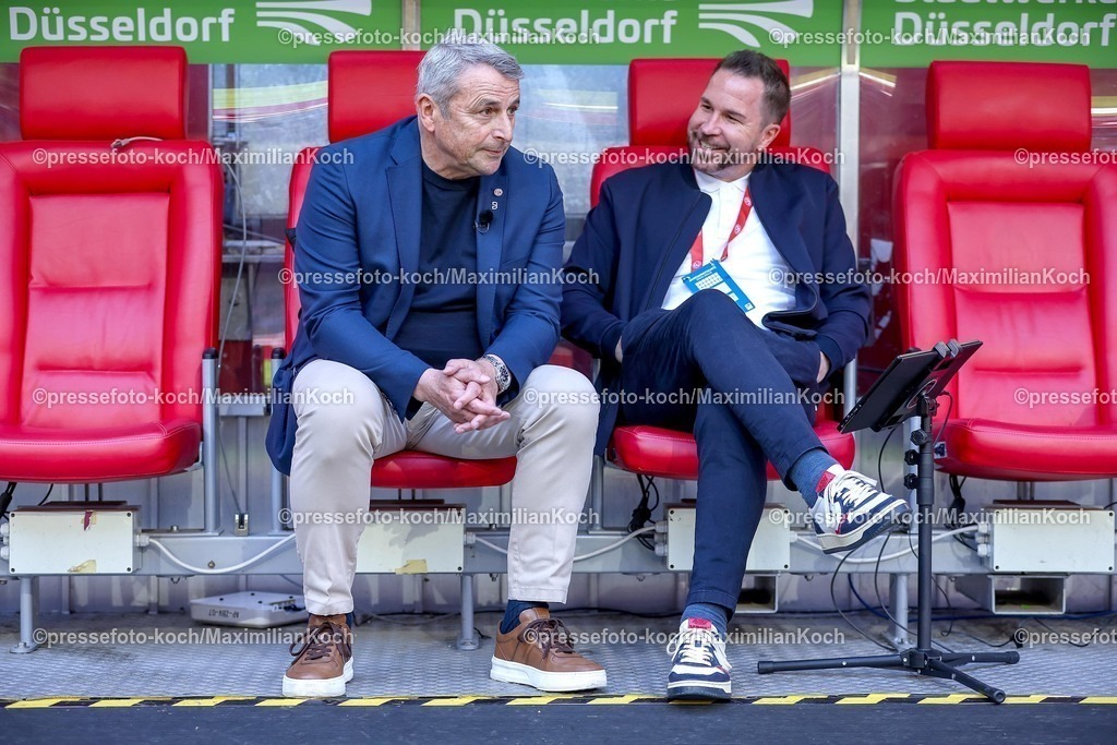 F9510052502169 | 10.05.2025, Fußball, Fortuna Düsseldorf - FC Schalke 04, 2. Fußball Bundesliga, Merkur Spiel-Arena, Saison 2024 2025: Klaus Allofs (Vorstand Fortuna Düsseldorf) zusammen mit Christian Weber (Sportdirektor Fortuna Düsseldorf) DFB regulations prohibit any use of photographs as image sequences and or quasi-video.