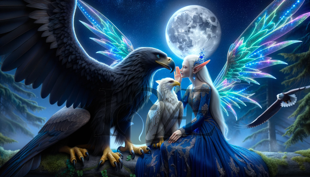 DALL_E 2023-10-06 15.49.58 - Ultra-realistic depiction where the elven lady with her luminous neon wings is seen whispering into the ear of the black griffin_ sharing a secret mom | psy4fly - Realisiert mit Pictrs.com