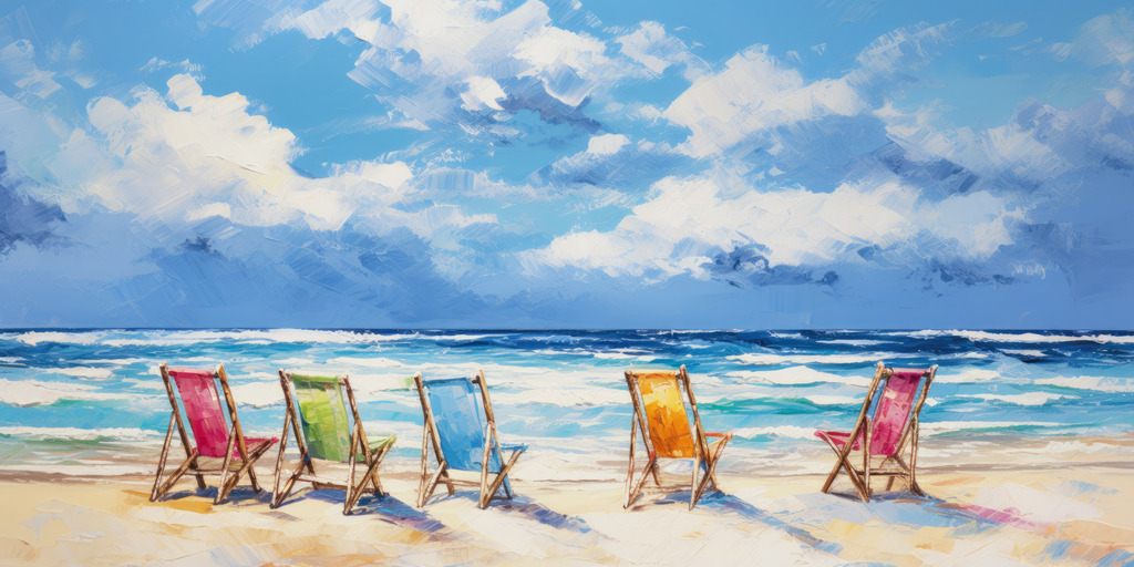 2307171 - Bunte Liegestühle am Strand | Ein Strandbild das die Stimmung von Sonne und Urlaub nach Hause holt. Bestellen Sie dieses Motiv auf Leinwand, Acrylglas, Alu-Dibond oder als Poster.