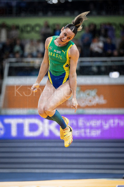 World Athletics Indoor Championships Kujawy Pomorze 26, 22.03.2026 | TORUN, POLAND - MARCH 22:  Juliana DE MENIS CAMPOS (BRA) celebrating a cleared hight of 4,70m during the World Athletics Indoor Championships Kujawy Pomorze 26 on day 3 / session 2 at Kujawsko-Pomorska Arena Torun on March 22, 2026 in Torun, Poland. 