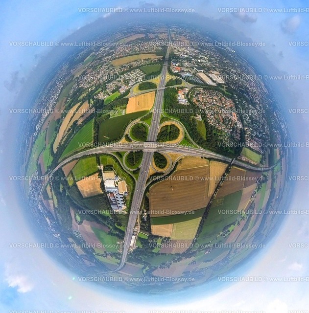 Unna230990093 A1 A44 BAB Kreuz Unna-2 | Luftbild, Autobahnkreuz Dortmund/Unna, Autobahn A1 und Autobahn A44, Erdkugel, Fisheye Aufnahme, Fischaugen Aufnahme, 360 Grad Aufnahme, tiny world, Massen, Unna, Ruhrgebiet, Nordrhein-Westfalen, Deutschland