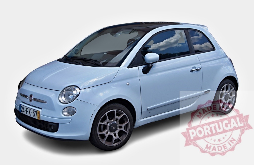 Light blue Fiat 500 parking on white background | Stylish light blue Fiat 500 city car parked on a seamless white background, showcasing its compact design and modern appeal - Realized with Pictrs.com