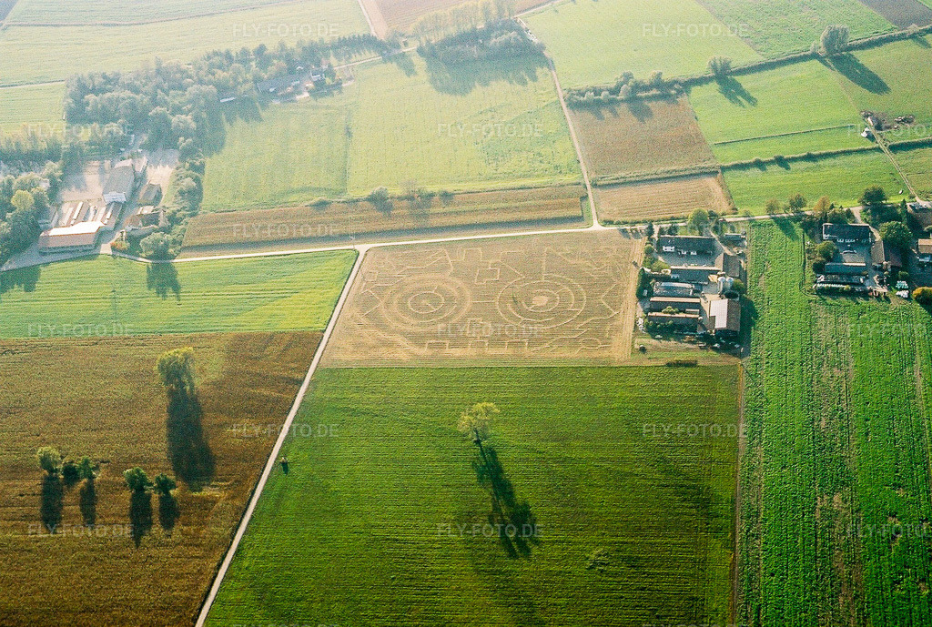 Luftbild: Abgeerntetes Mais-Labyrinth auf einem Feld in Hockenheim im Bundesland Baden-Württemberg in Deutschland. Foto: NEG564429.jpg vom 18.10.2005 durch Werner Riehm/FLY-FOTO.de