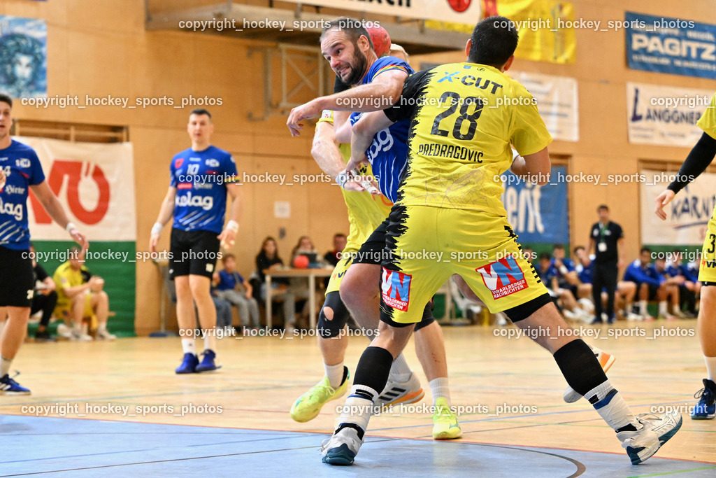 SC Ferlach vs. Bregenz Handball | #28 Predragovic Srdjan Bregenz Handball, #57 LEBAN Patrik SC Ferlach, SC Ferlach vs. Bregenz Handball, SC Ferlach vs. Bregenz Handball am 28.09.2024 in Ferlach (Ballspielhalle Ferlach), Austria, (Photo by Bernd Stefan)