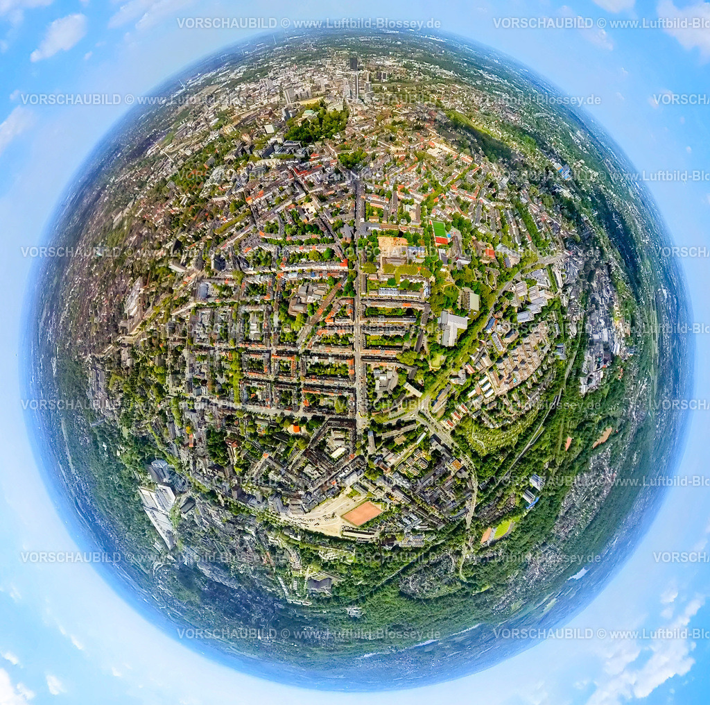 Essen230520098Ruettenscheid | Luftbild, City Innenstadtansicht, Alfredstraße, Paulinenstraße, Erdkugel, Fisheye Aufnahme, Fischaugen Aufnahme, 360 Grad Aufnahme, Rüttenscheid, Essen, Ruhrgebiet, Nordrhein-Westfalen, Deutschland