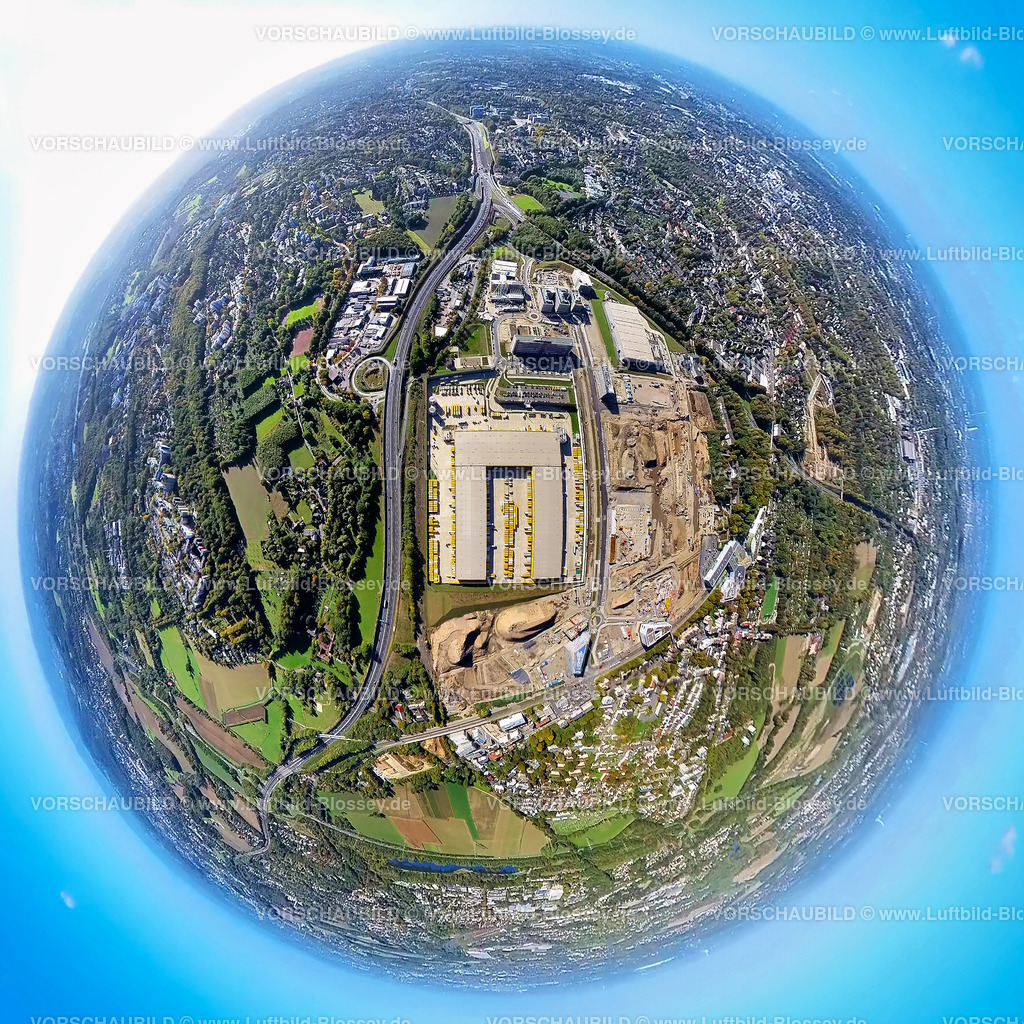 Bochum221006_03_OPEL-Flaeche3 | Luftbild, Baustelle Gewerbegebiet ehemaliges Opel Areal, Wissenschaftsquartier und Technologiequartier Mark 51/7, O-Werk Campus, DHL Paketzentrum Bochum, Autobahn A448, Fisheye Aufnahme, Fischaugen Aufnahme, 360 Grad Aufnahme, Laer, Bochum, Ruhrgebiet, Nordrhein-Westfalen, Deutschland