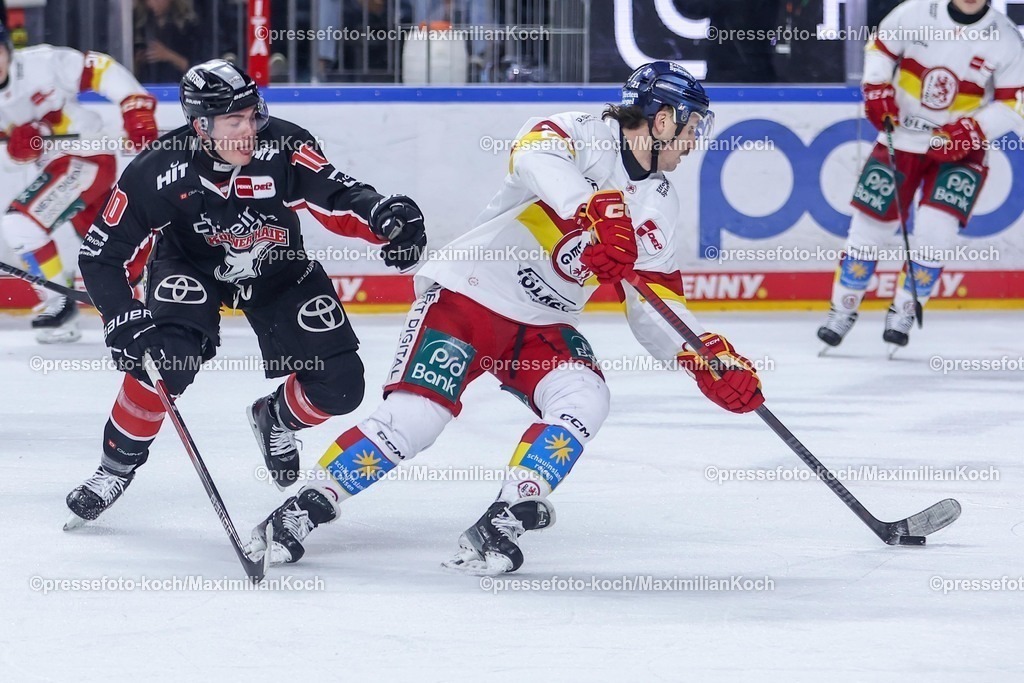 KEC16022501078 | 16.02.2025, Eishockey, DEL, Kölner Haie - Düsseldorfer EG, Lanxess-Arena Köln: Justin Schütz (Kölner Haie #10) im Zweikampf gegen Brendan O Donnell (DEG #21)