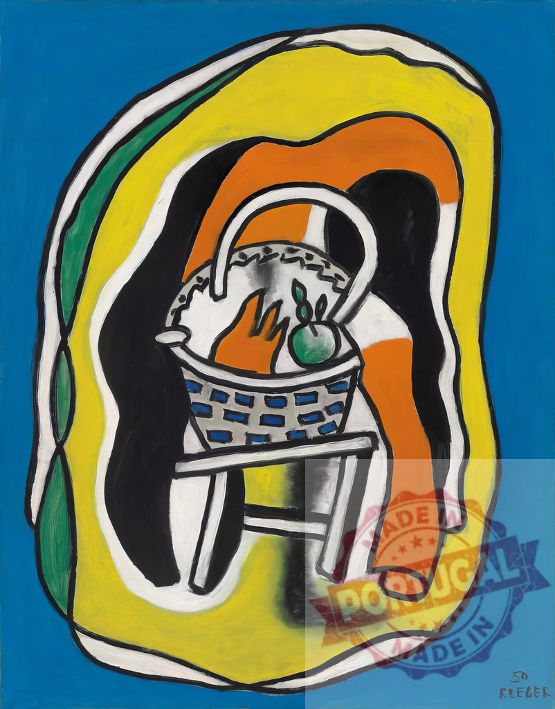 Fernand Léger drawing still life with basket and fruit on abstract background | Fernand Leger Fernand Léger artwork depicting a still life composition, colorful and cubist inspired - Realized with Pictrs.com