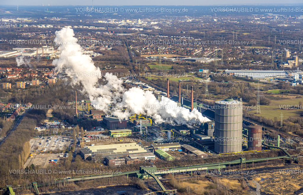 Bottrop250202497Mitte | Luftbild, ArcelorMittal Bottrop, ehemalige Zeche Prosper mit Gasometer, Rauchwolke, Welheim, Bottrop, Ruhrgebiet, Nordrhein-Westfalen, Deutschland