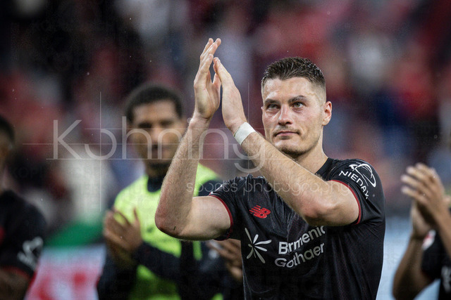 German Bundesliga, Bayer 04 Leverkusen vs. RB Leipzig, 02.05.2026 | LEVERKUSEN, GERMANY - MAY 2, 2026 :  Patrik Schick (Bayer 04 Leverkusen, 14) celebrating his 3 goals after the German Bundesliga match on gameday 32 between Bayer 04 Leverkusen vs. RB Leipzig at BayArena on May 2, 2026 in Leverkusen, Germany. DFL REGULATIONS PROHIBIT ANY USE OF PHOTOGRAPHS AS IMAGE SEQUENCES AND/OR QUASI-VIDEO.