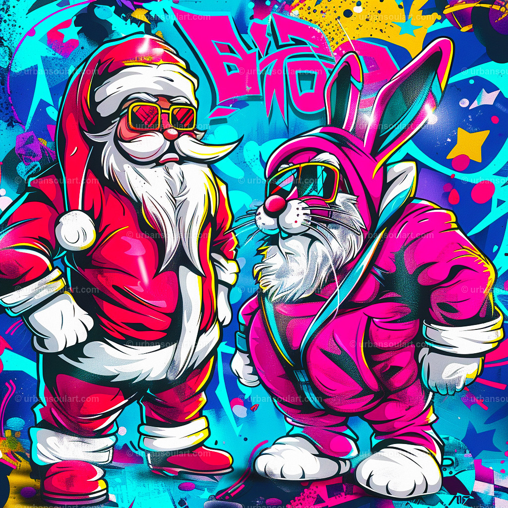 Santa And Easter Bunny Diss | A playful, urban-art-inspired showdown between Santa Claus and the Easter Bunny. This bold, colorful piece is perfect for adding character and humor to any decor. - Realisiert mit Pictrs.com