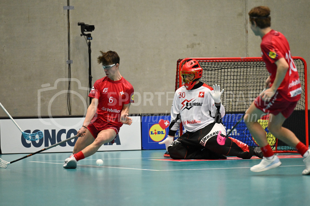 Switzerland B U19 vs Switzerland U19 - 4. February 2024 | Switzerland B U19 vs Switzerland U19
U19 Men International Matches in Switzerland
GoEasy Arena, Siggenthal Station
Switzerland center #6 Lars Zuppiger and Switzerland goalie #30 Ilja Brunner.
Credit: Markus Aeschimann | <a href="https://www.markus-aeschimann.ch">Sportfotografie Markus Aeschimann</a> | <a href="https://www.instagram.com/sportfotografie.aeschimann">@sportfotografie.aeschimann</a> - Realisiert mit Pictrs.com