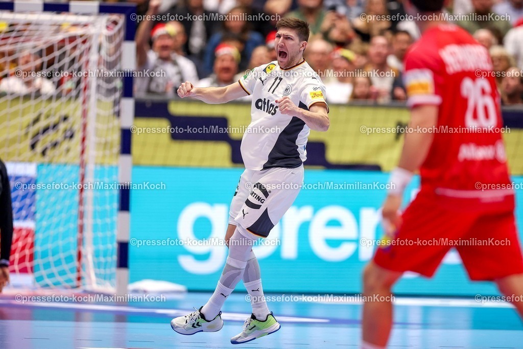 EHF15012602034 | 15.01.2026, Handball, Men's EHF EURO 2026, Deutschland - Östereich, Jyske Bank Boxen in Herning, Dänemark, Preliminary Round:  Lukas Zerbe (Germany #17) jubelnd