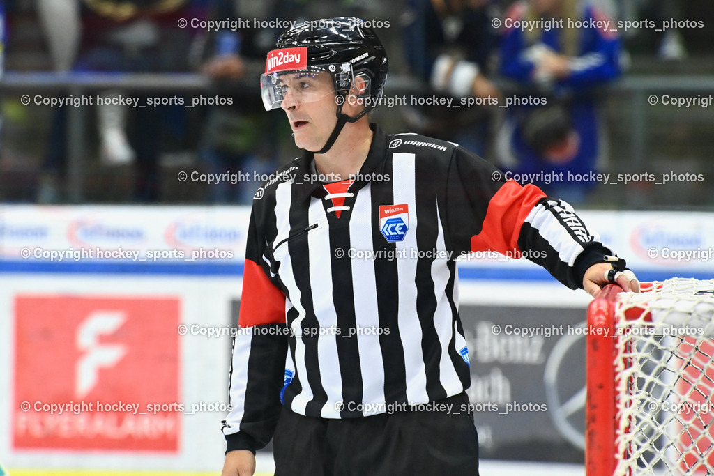 EC IDM Wärmepumpen VSV vs. HC Bozen 19.9.2023 | Piragic Trpimir Referee, win2day icehockeyleague, EC IDM Wärmepumpen - HC Bozen  am 19.09.2023 in Villach (Stadhalle Villach), Austria, (Photo by Bernd Stefan)