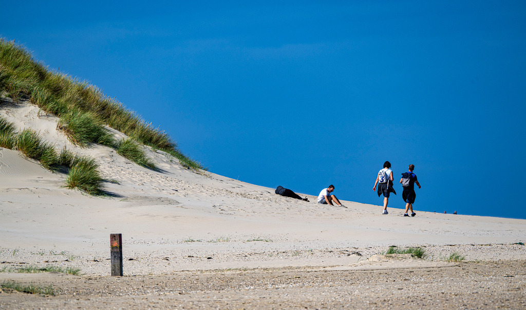 Urlauber und Spaziergänger in der Dünenlandschaft am Strand der Nordseeinsel Texel | Vor strahlend blauem Himmel erholen sich Menschen an den weitläufigen Sanddünen der niederländischen Nordseeinsel Texel. Während Spaziergänger den Kamm der Düne entlangwandern, nutzen andere den feinen Sandstrand zum Entpannen und Sonnenbaden. Das Motiv fängt die entspannte Urlaubsatmosphäre der Westfriesischen Inseln perfekt ein und eignet sich hervorragend für redaktionelle Beiträge zu den Themen Sommertourismus, Naherholung, Küstenschutz und Natururlaub an der Nordsee. - Realisiert mit Pictrs.com