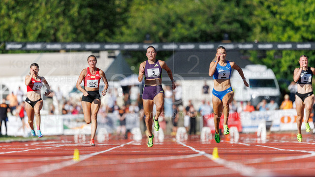 PUMA Fast Arms, Fast Legs; Wetzlar, 10.07.2026 | WETZLAR, GERMANY - JULY 10, 2026 : Stephanie Kleiber (Eintracht Frankfurt e.V.), Jessica Roos (LG Rhein-Wied), Gina Lückenkemper (SCC Berlin), Jolina Ernst (TV Wattenscheid 01), Charlotte Riedel (SC DHfK Leipzig) competing in the 100m during the athletics meeting PUMA Fast Arms, Fast Legs at Stadion Wetzlar on July 10, 2026 in Wetzlar, Germany.