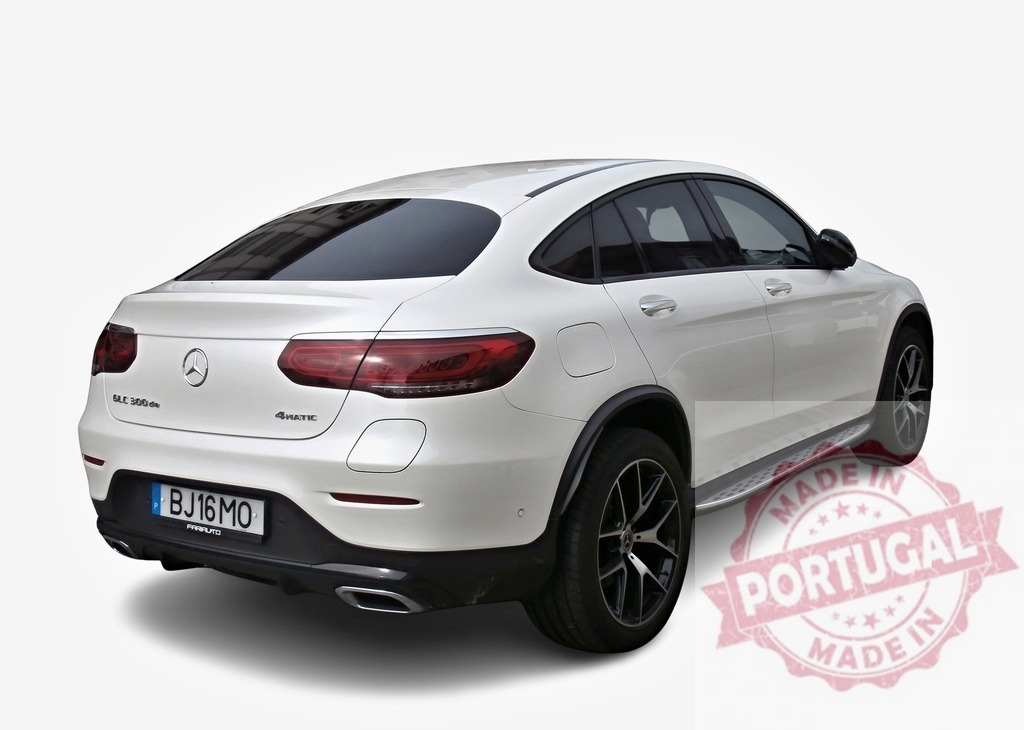 White Mercedes-Benz GLC 300 4Matic Coupe is parked on white background | Rear view of a white Mercedes-Benz GLC 300 4Matic Coupe showing its elegant design and luxurious features - Realized with Pictrs.com