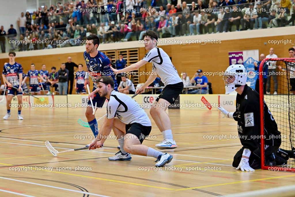 FBK Loka vs. VSV Unihockey | #6 Timo Schmid VSV Unihockey, #80 Blaz Tomazin FBK Loka, #31 Nejc Oman FBK Loka, #9 Nejc Peklaj FBK Loka, FBK Loka vs. VSV Unihockey, FBK Loka vs. VSV Unihockey am 23.03.2025 in Villach (Ballspielhalle St. Martin), Austria, (Photo by Bernd Stefan)