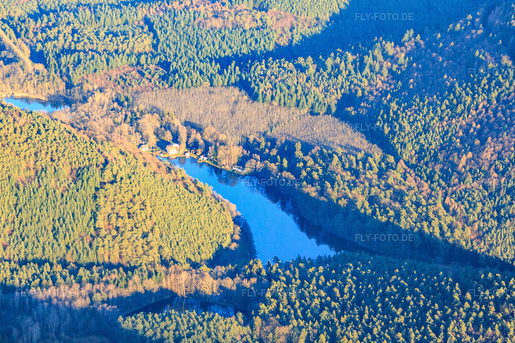 Luftbild: Badeseee Seehofweiher / Portzbach in Erlenbach bei Dahn im Bundesland Rheinland-Pfalz in Deutschland. Foto: IMG_61897.jpg vom 28.01.2014 durch Werner Riehm/FLY-FOTO.de