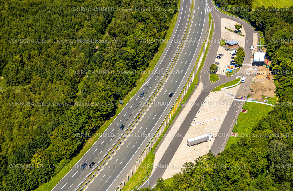 Drolshagen250809953 | Luftbild, Baustelle mit Neubau Rastplatz und Parkplatz Neuenschmiede an der Autobahn A45, Drolshagen, Sauerland, Nordrhein-Westfalen, Deutschland