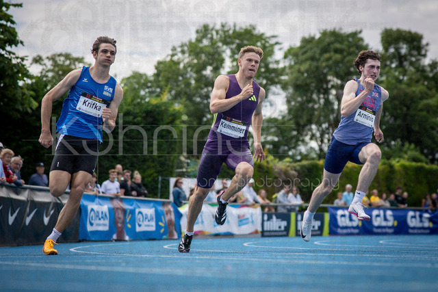 Juniorengala 2026; Mannheim, 14.06.2026 | MANNHEIM, GERMANY - JUNE 14, 2026 : Felix Krifka (AUT/Austria), Jakob Kemminer (GER/LAC Quelle Fuerth), James Arminio (GBR/Great Britain &amp; N.I.) competing in the men’s 200m during the Juniorengala 2026 at Michael-Hoffmann-Stadion on June 14, 2026 in Mannheim, Germany.