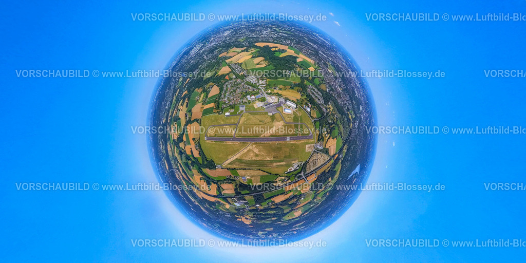Muelheim230790009FlughafenEssenMuelheim-2-topaz | Luftbild, Flughafen Essen/Mülheim, Startbahn und Landebahn, Zeppelinhalle, Erdkugel, Fisheye Aufnahme, Fischaugen Aufnahme, 360 Grad Aufnahme, tiny world, Holthausen - Südost, Mülheim an der Ruhr, Ruhrgebiet, Nordrhein-Westfalen, Deutschland