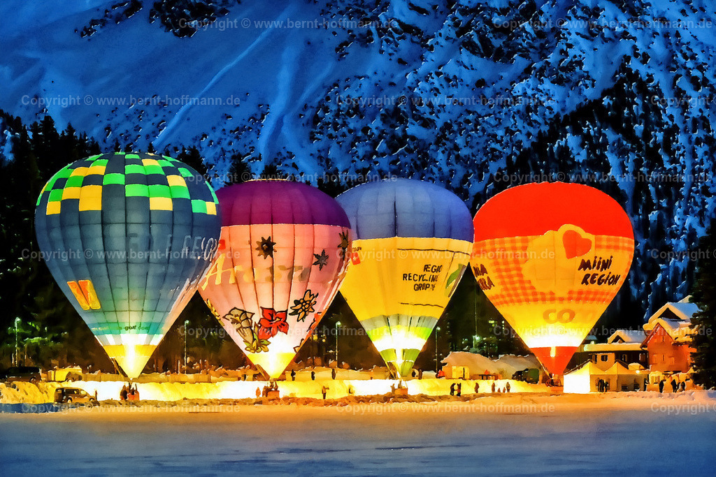 PAD2_0345_RH_Ballone_150x100 | DIGITALKUNST. Ballone in Arosa – Night Glow. __ Das " Nachtglühen " ( oder auch Glooming ) der Ballone gilt als Highlight der " Ballonwoche Arosa " die alljährlich im Januar stattfindet. __ Das Basisfoto für dieses malerisch verwandelte Werk hat der Schweizer Hobbyfotograf Rene Hinder gemacht und es Bernt Hoffmann für dessen Kunstpart zur Verfügung gestellt. __  Seitenverhältnis = 3 zu 2 - Realisiert mit Pictrs.com