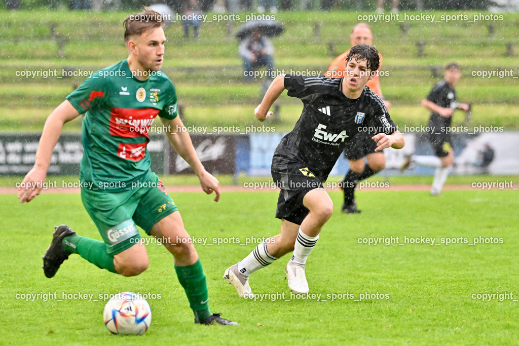 SV Rapid Lienz vs. URC Thal Assling | #6 Florian Unterweger Rapid Lienz, #22 Samuel Stephan Schönegger Thal Assling, SV Rapid Lienz vs. URC Thal Assling, SV Rapid Lienz vs. URC Thal Assling am 08.06.2024 in Lienz (Dolomiten Satadion), Austria, (Photo by Bernd Stefan)