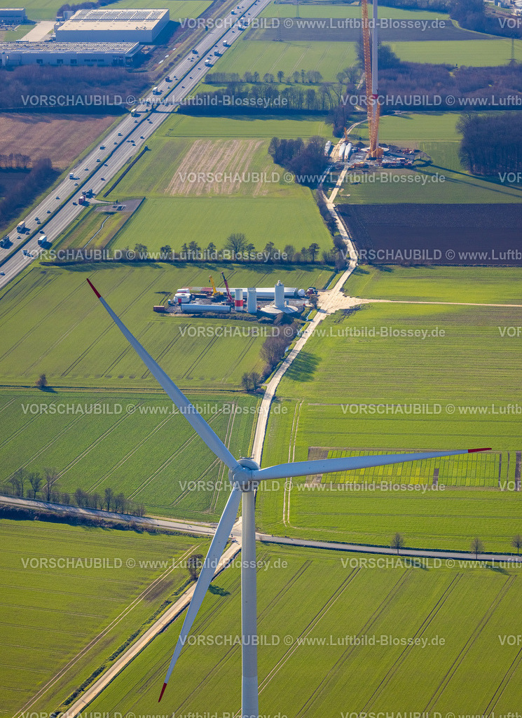 Hamm230216361 | Luftbild, Windrad Baustelle mit Neubau, am Hellweg nahe der Autobahn A2, Stadtbezirk Pelkum, Hamm, Ruhrgebiet, Nordrhein-Westfalen, Deutschland